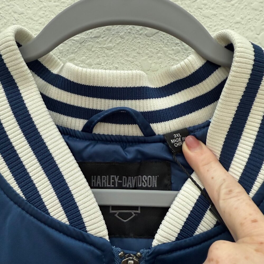 Harley Davidson Ensign Blue White Club Crew Satin Bomber Jacket Mens size 3XL - Picture 2 of 15